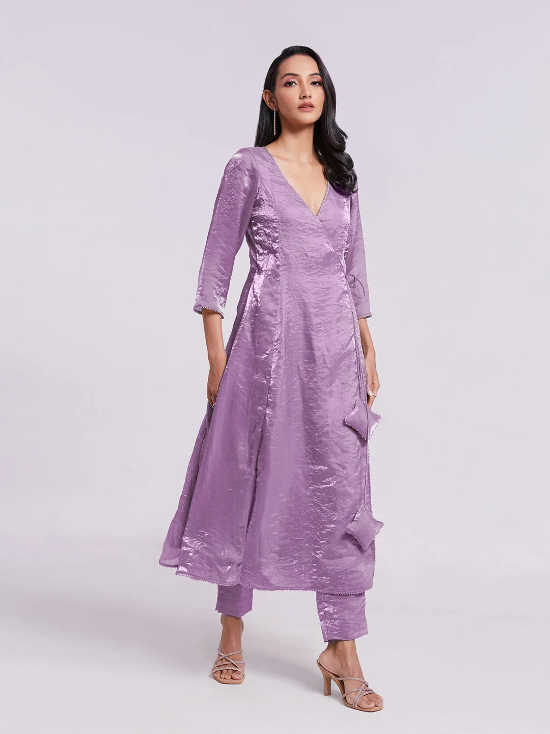 Stunning Lilac Purple Pure Organza Angrakha Style Kurta Set