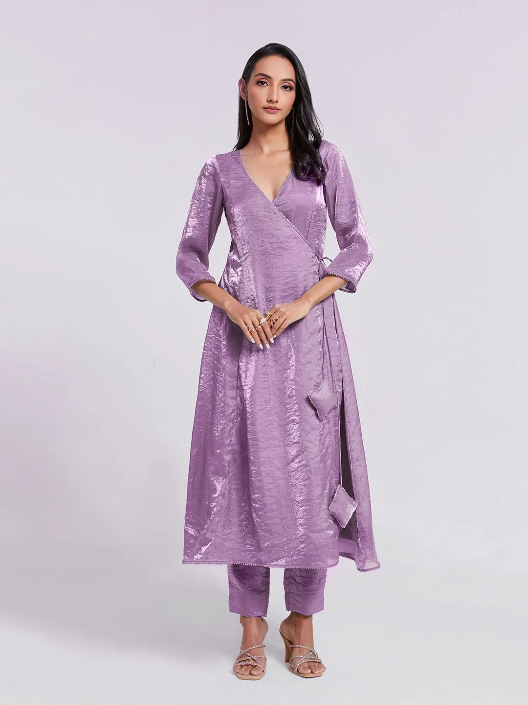 Stunning Lilac Purple Pure Organza Angrakha Style Kurta Set