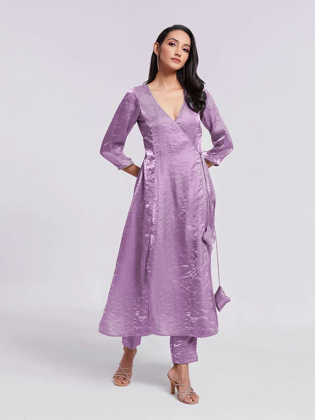 Stunning Lilac Purple Pure Organza Angrakha Style Kurta Set