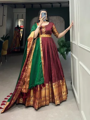 Stunning Maroon Traditional Narayanpet Gown with Dupatta & Belt