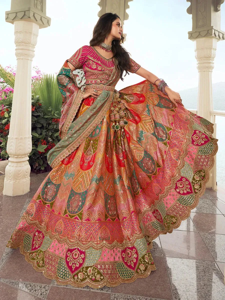 Stunning Multi-Color Silk  Embroidered Lehenga Choli Set