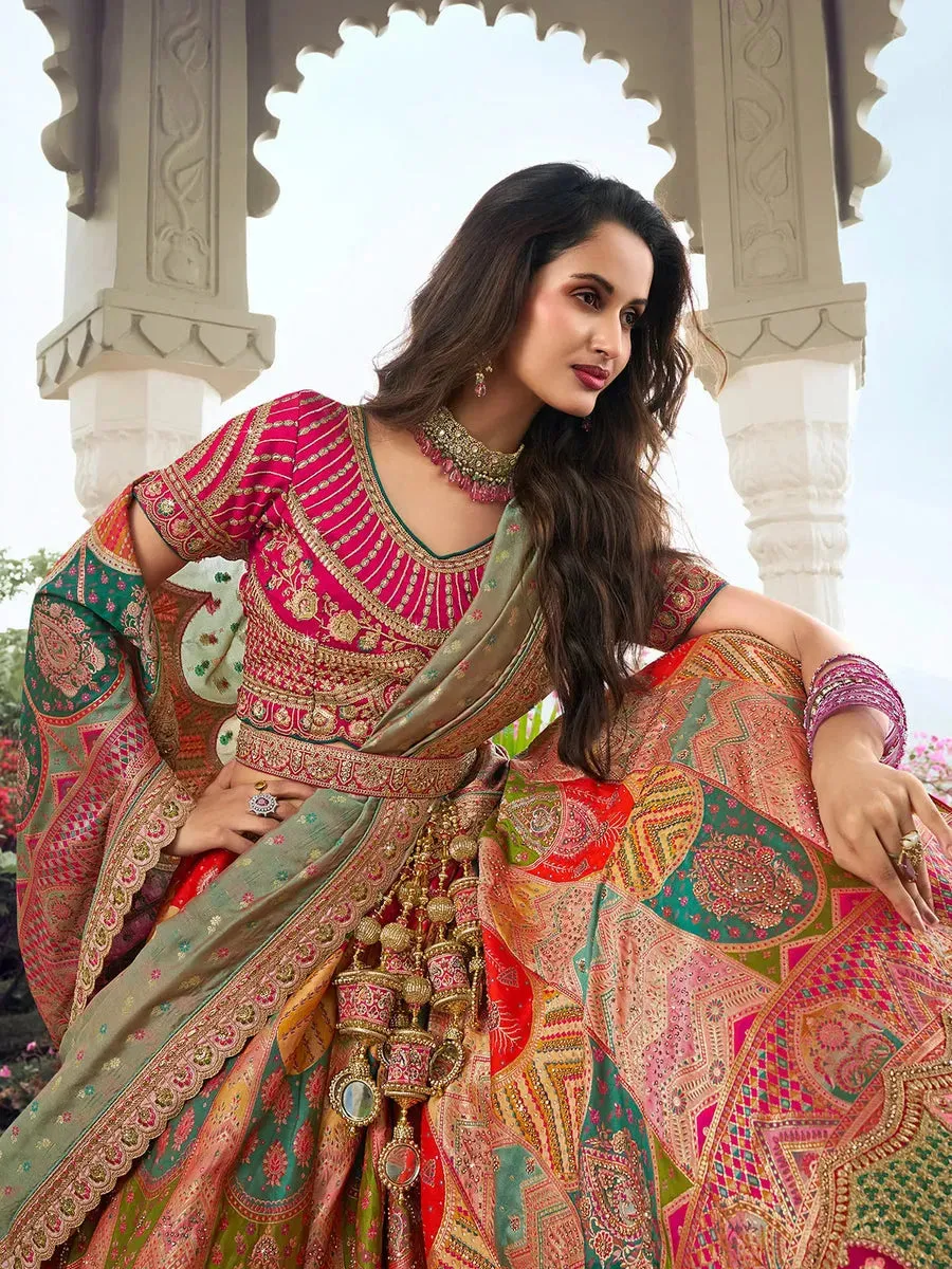 Stunning Multi-Color Silk  Embroidered Lehenga Choli Set