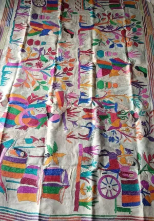 Stunning Multicolor Kantha Tussar Silk Dupatta with Hand Embroidered