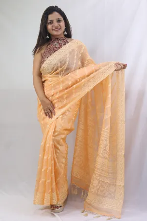 Stunning Orange Chikankari Kota Silk Saree with Embroidery