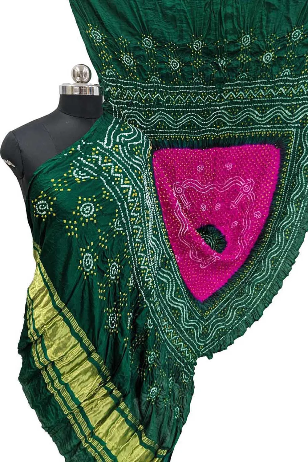 Stunning Pink & Green Bandhani Gajji Silk Dupatta