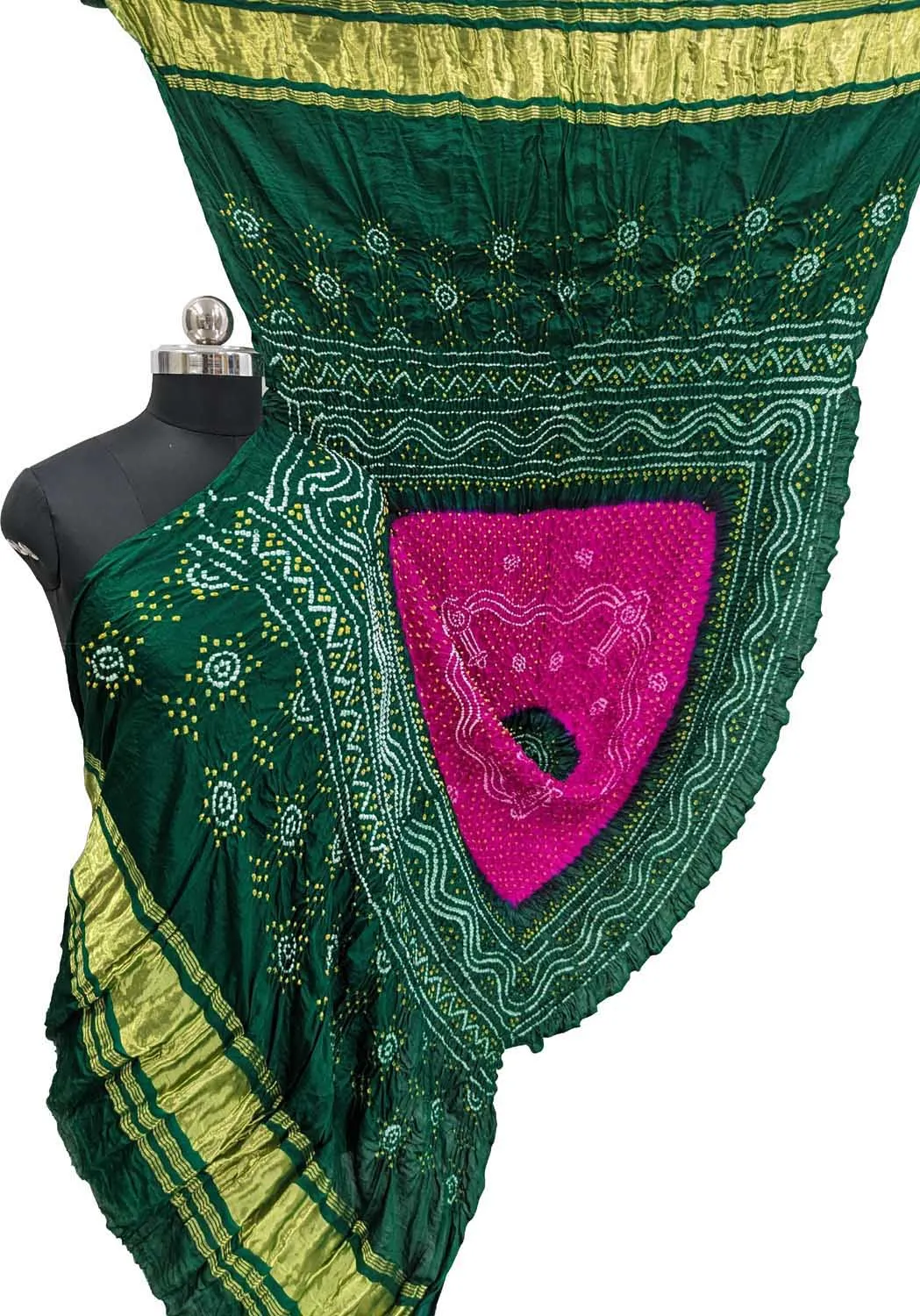 Stunning Pink & Green Bandhani Gajji Silk Dupatta