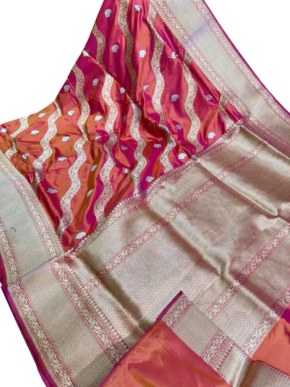 Stunning Pink & Orange Banarasi Silk Saree with Diagonal Design