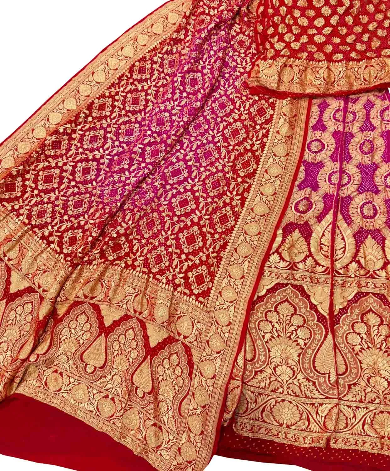 Stunning Pink & Red Banarasi Bandhani Lehenga Set