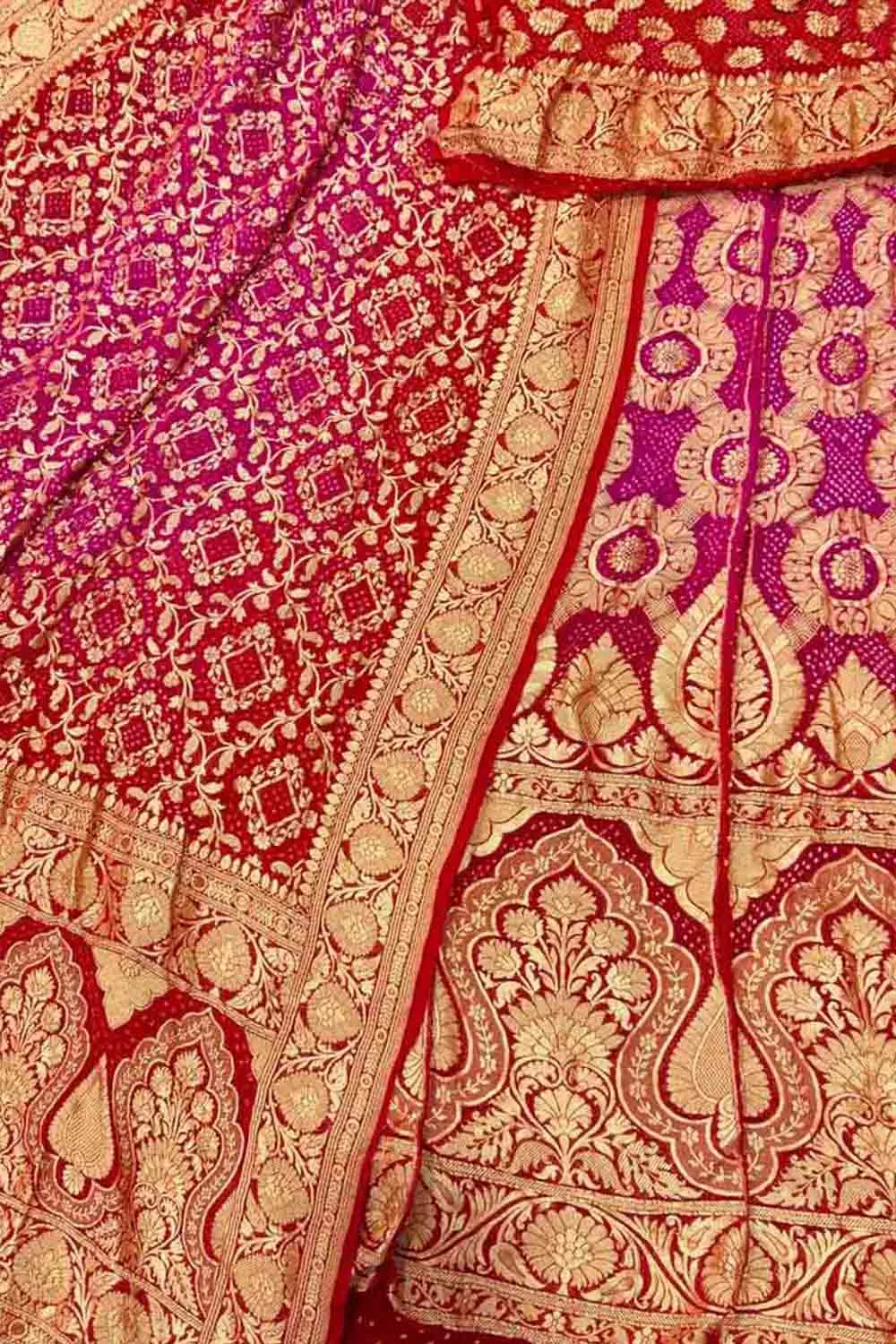 Stunning Pink & Red Banarasi Bandhani Lehenga Set