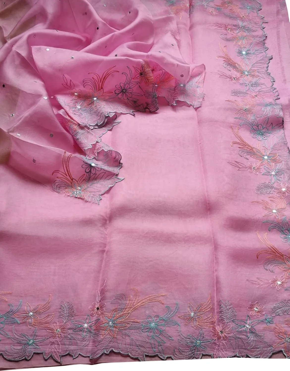 Stunning Pink Organza Silk Saree with Mirror Work