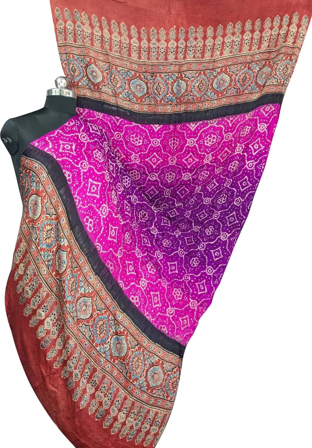 Stunning Purple & Pink Bandhani Ajrakh Gajji Silk Dupatta