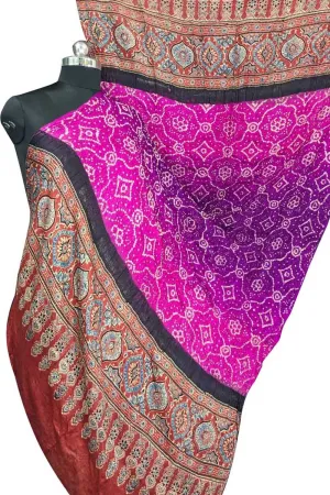 Stunning Purple & Pink Bandhani Ajrakh Gajji Silk Dupatta