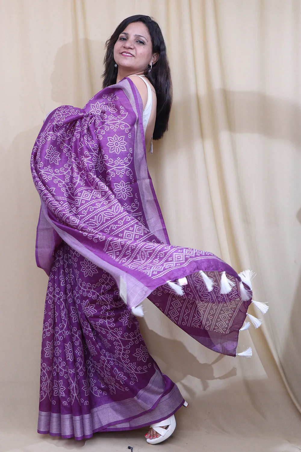 Stunning Purple Bandhani Silk Saree with Digital Print