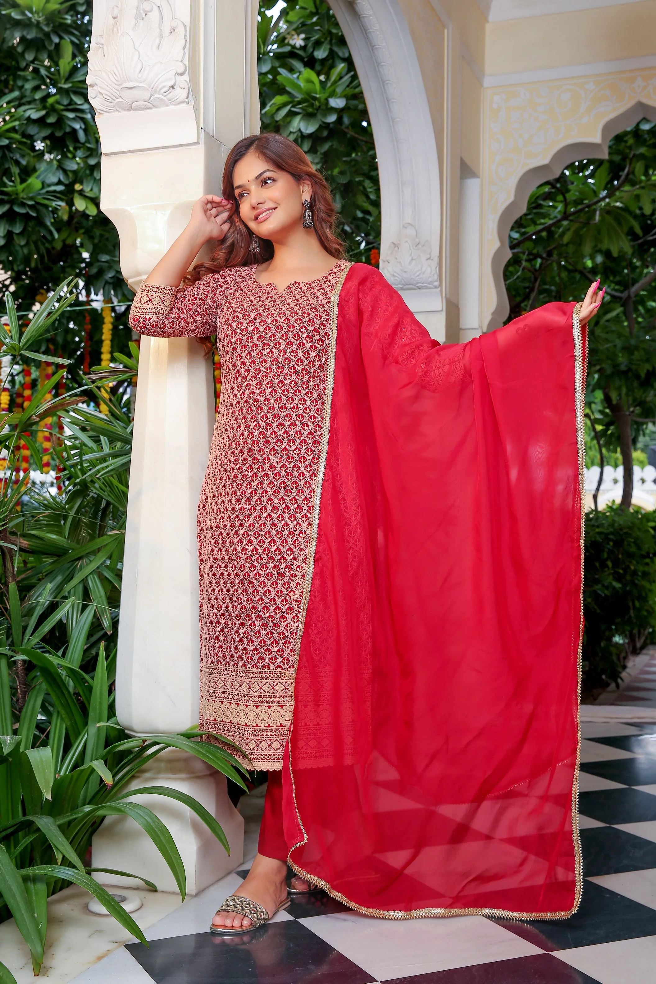 Stunning Red Embroidered Organza Dupatta Suit Set