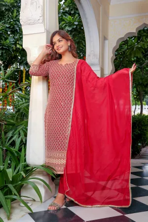 Stunning Red Embroidered Organza Dupatta Suit Set