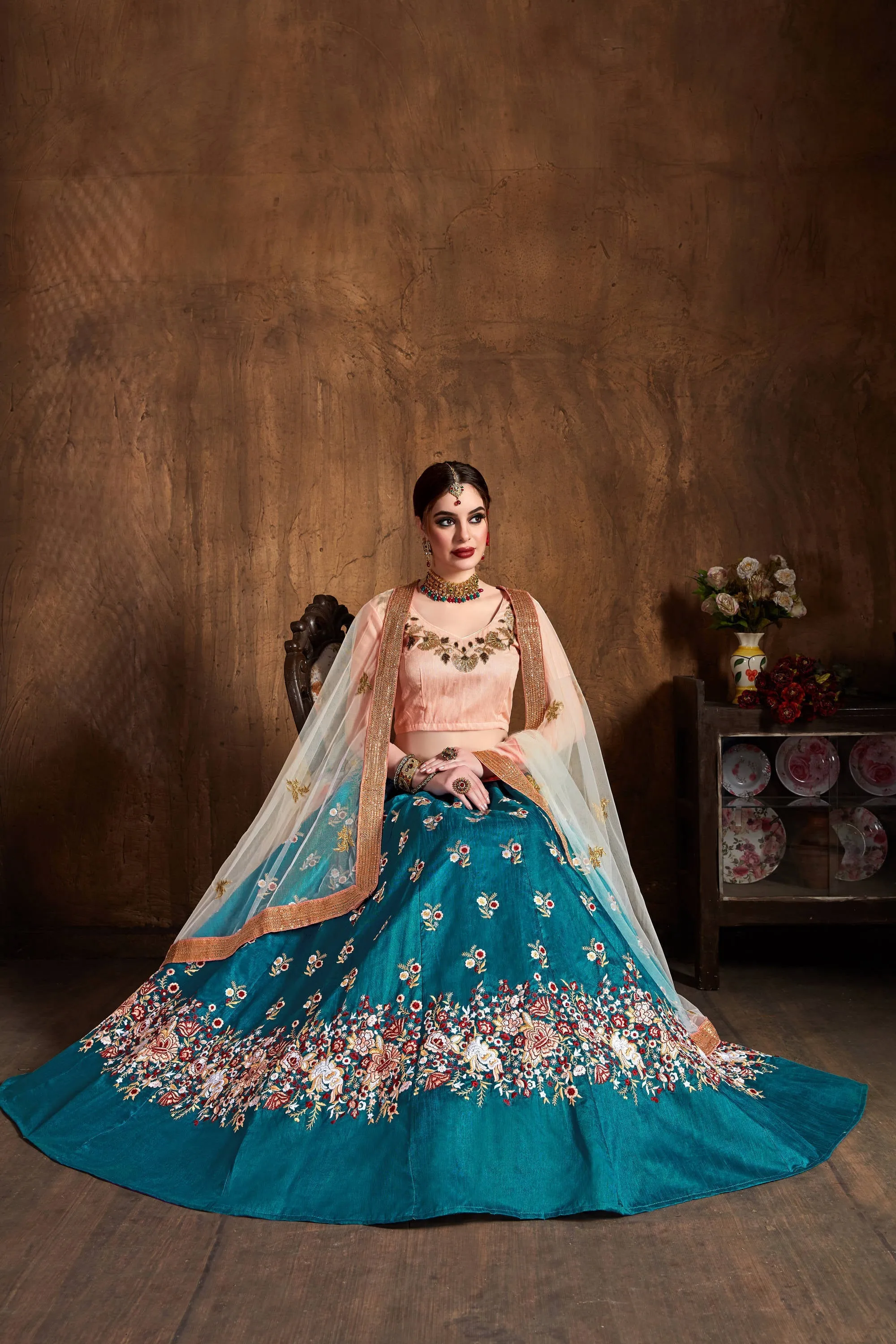 Stunning Teal Blue Thread Work Raw Silk Bridal Lehenga Choli