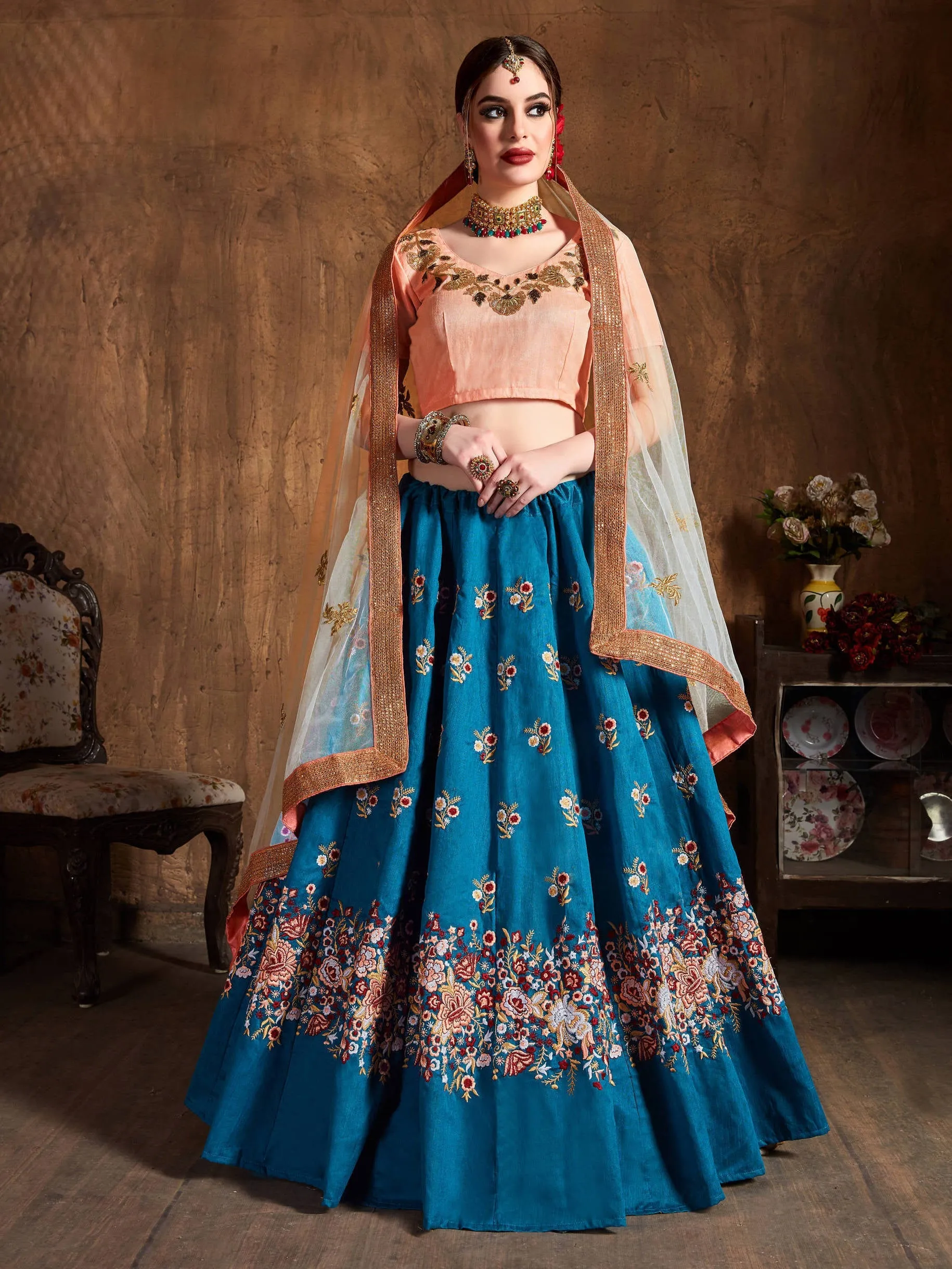 Stunning Teal Blue Thread Work Raw Silk Bridal Lehenga Choli