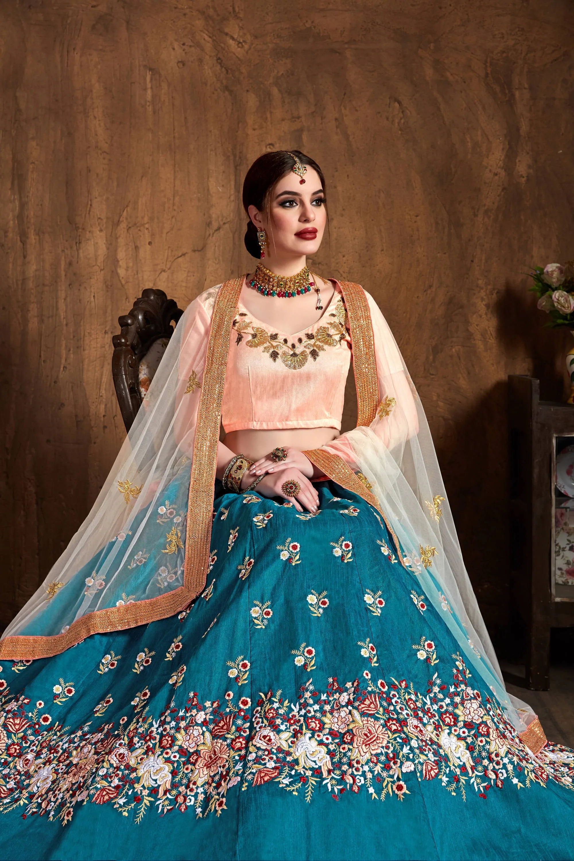 Stunning Teal Blue Thread Work Raw Silk Bridal Lehenga Choli