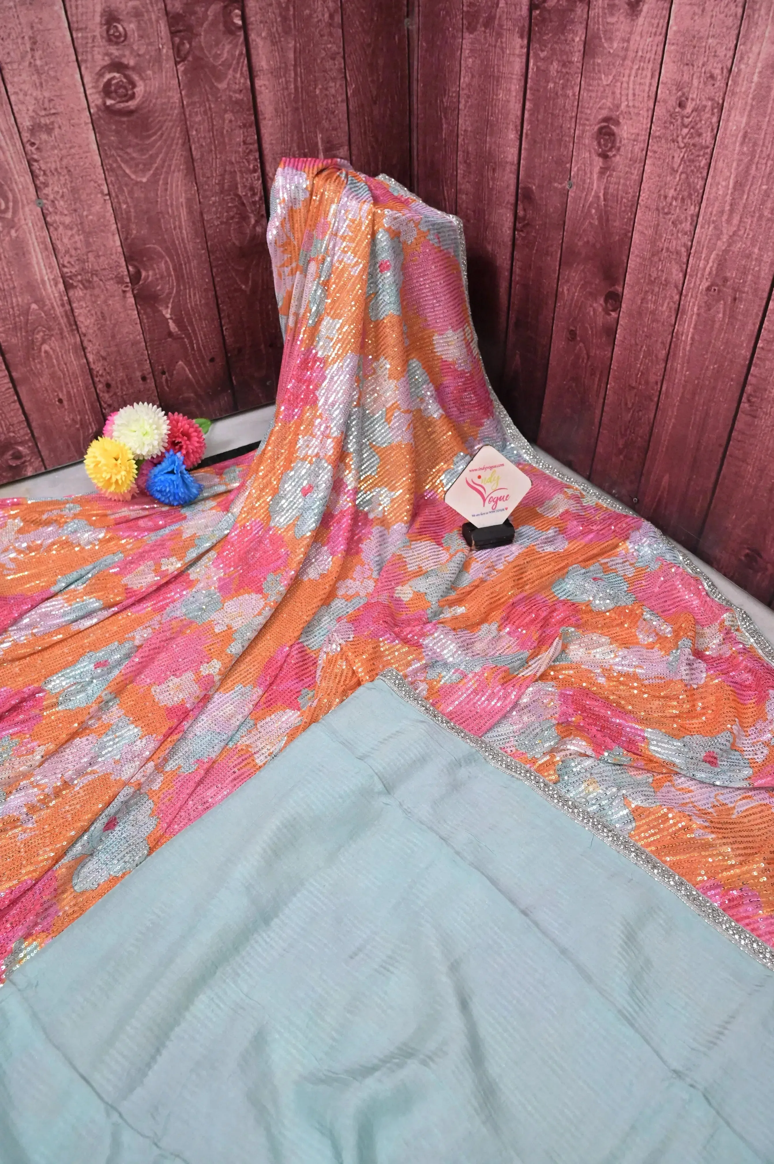 Stunning Turquoise Green, Orange & Magenta Designer Net Sequin Saree