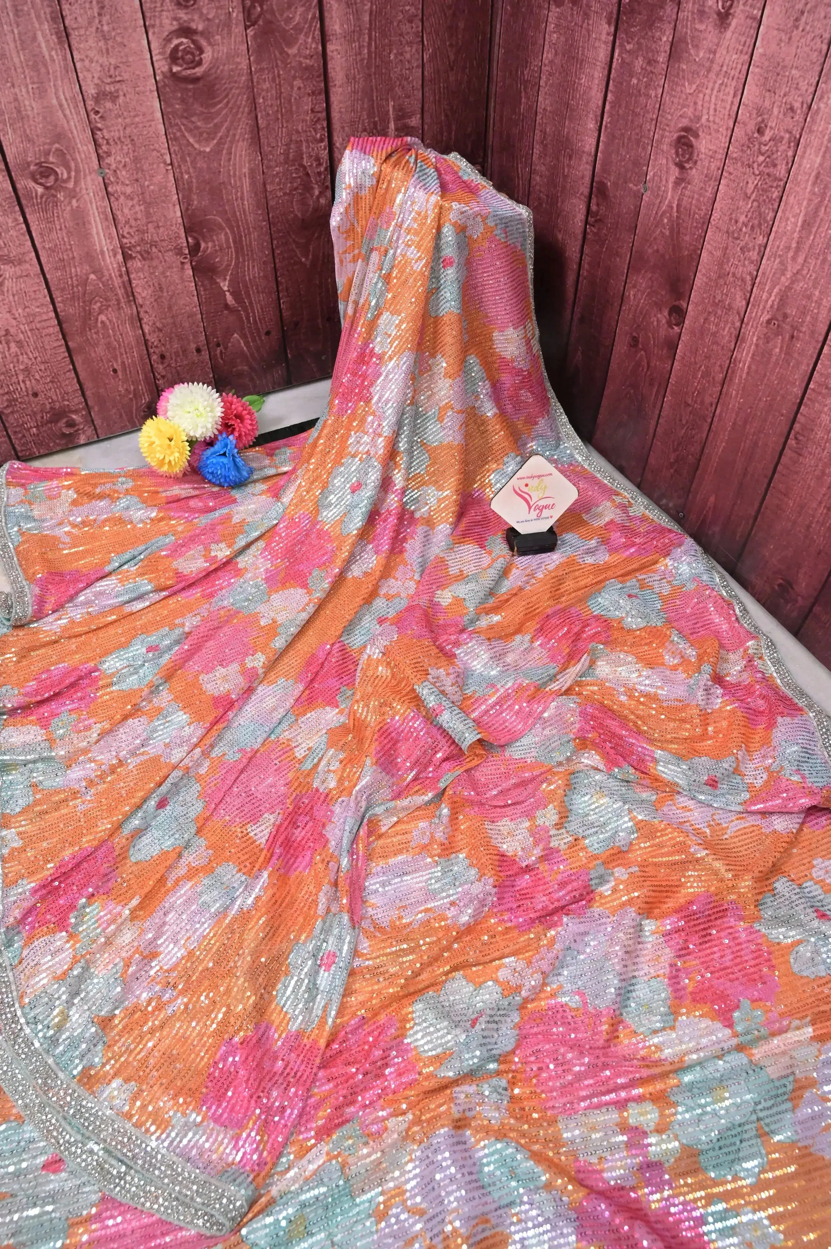 Stunning Turquoise Green, Orange & Magenta Designer Net Sequin Saree