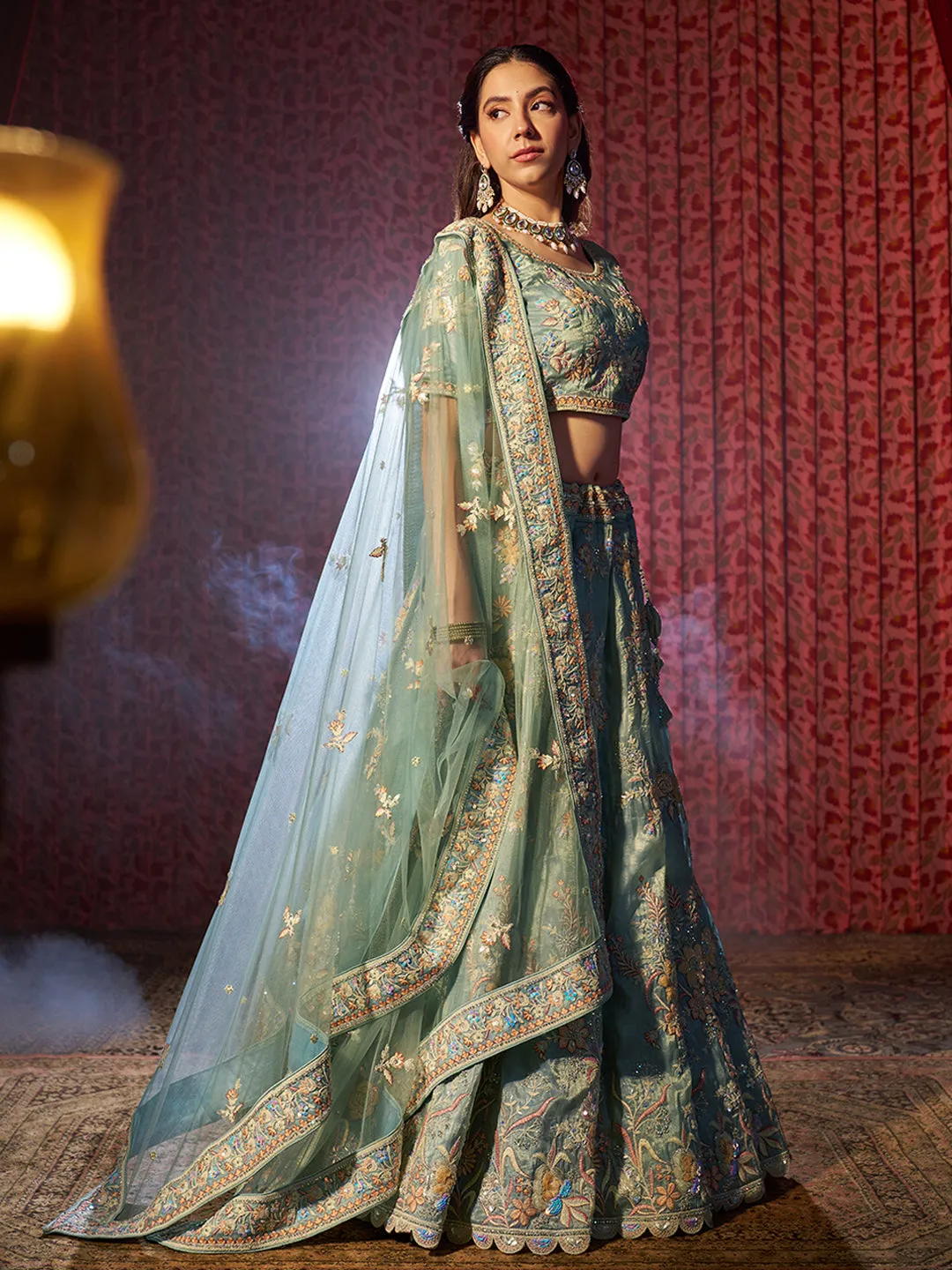 Stunning Turquoise Heavy Embroidered Organza Bridal Lehenga Choli