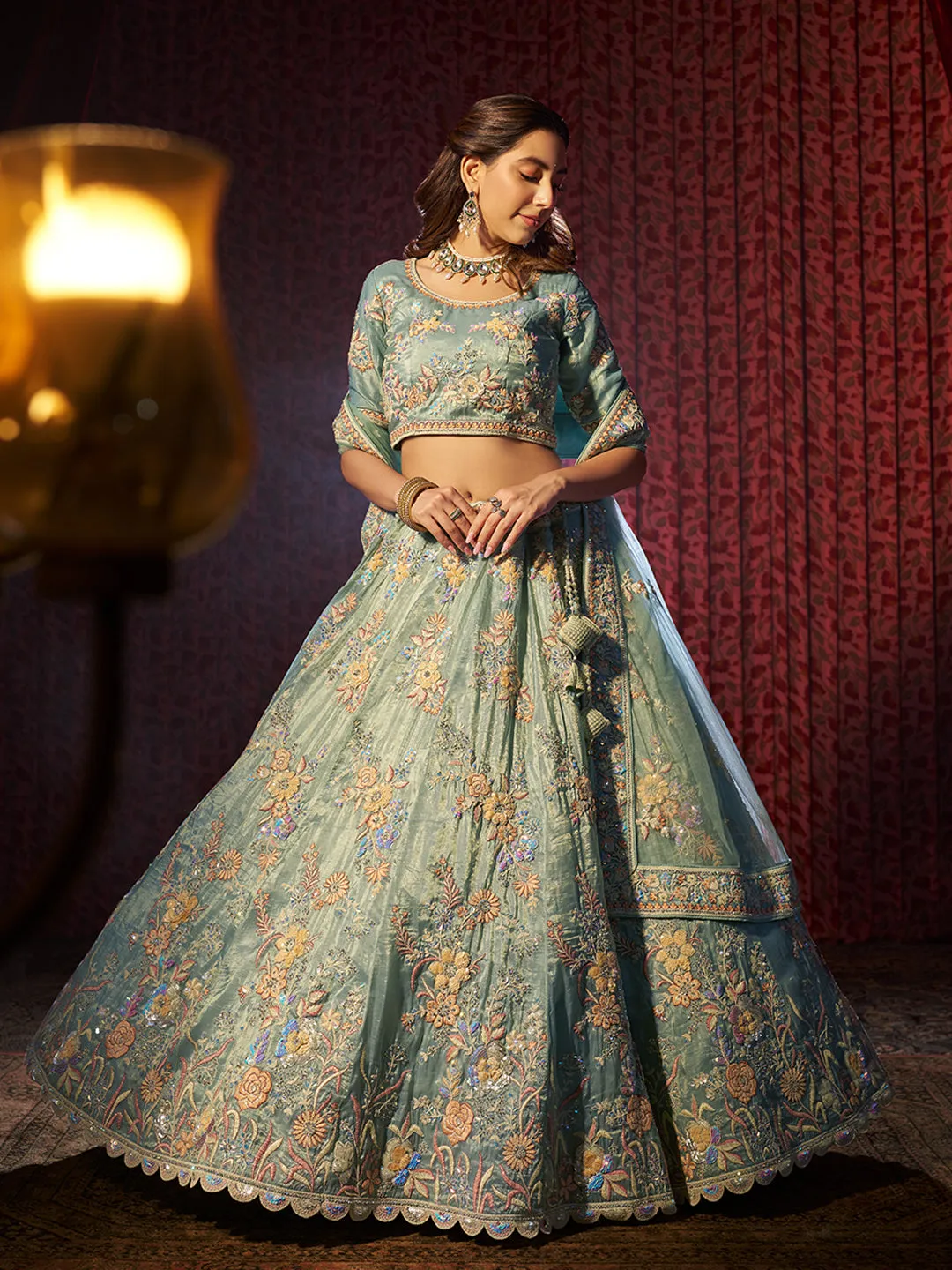 Stunning Turquoise Heavy Embroidered Organza Bridal Lehenga Choli