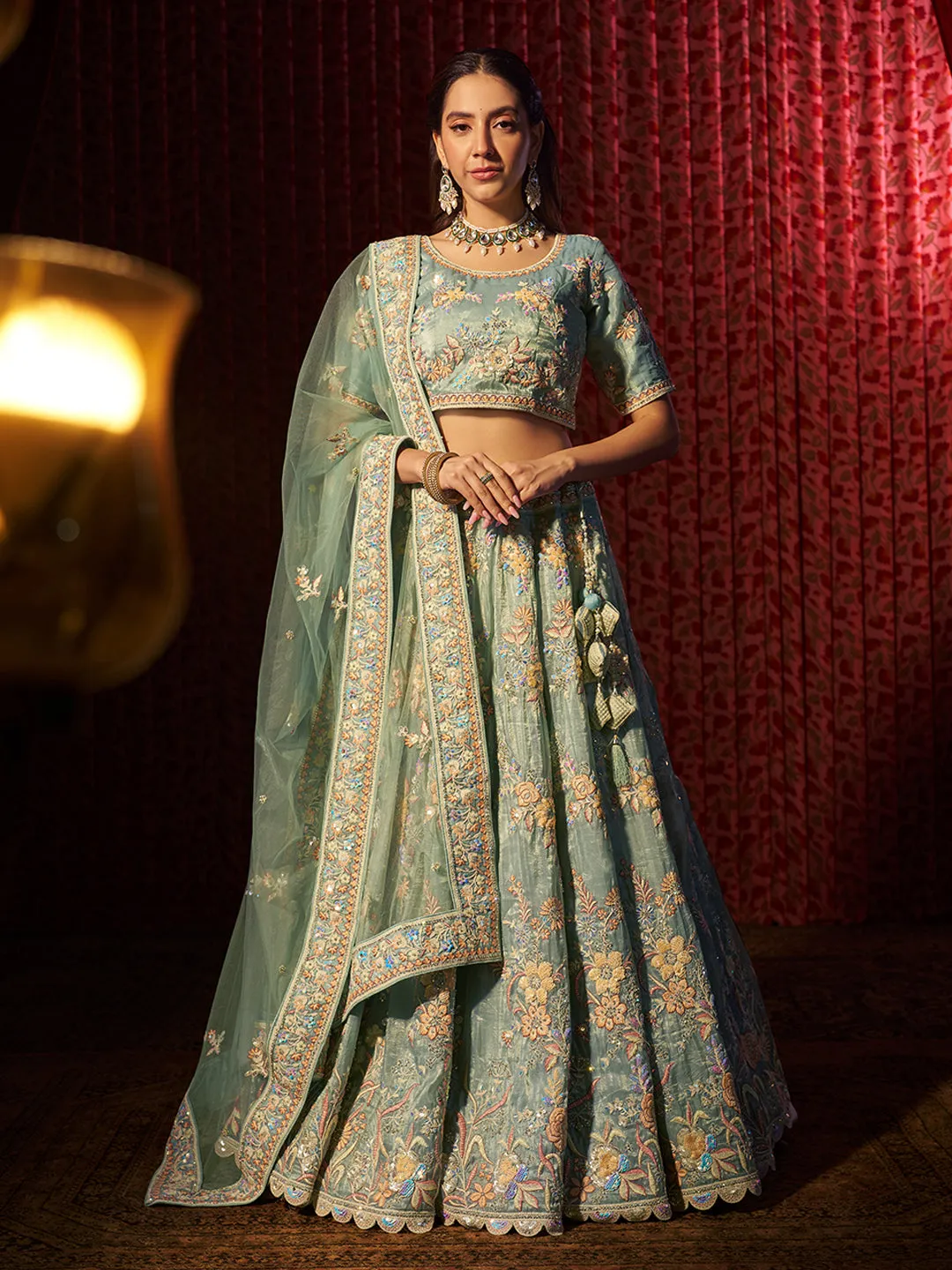 Stunning Turquoise Heavy Embroidered Organza Bridal Lehenga Choli