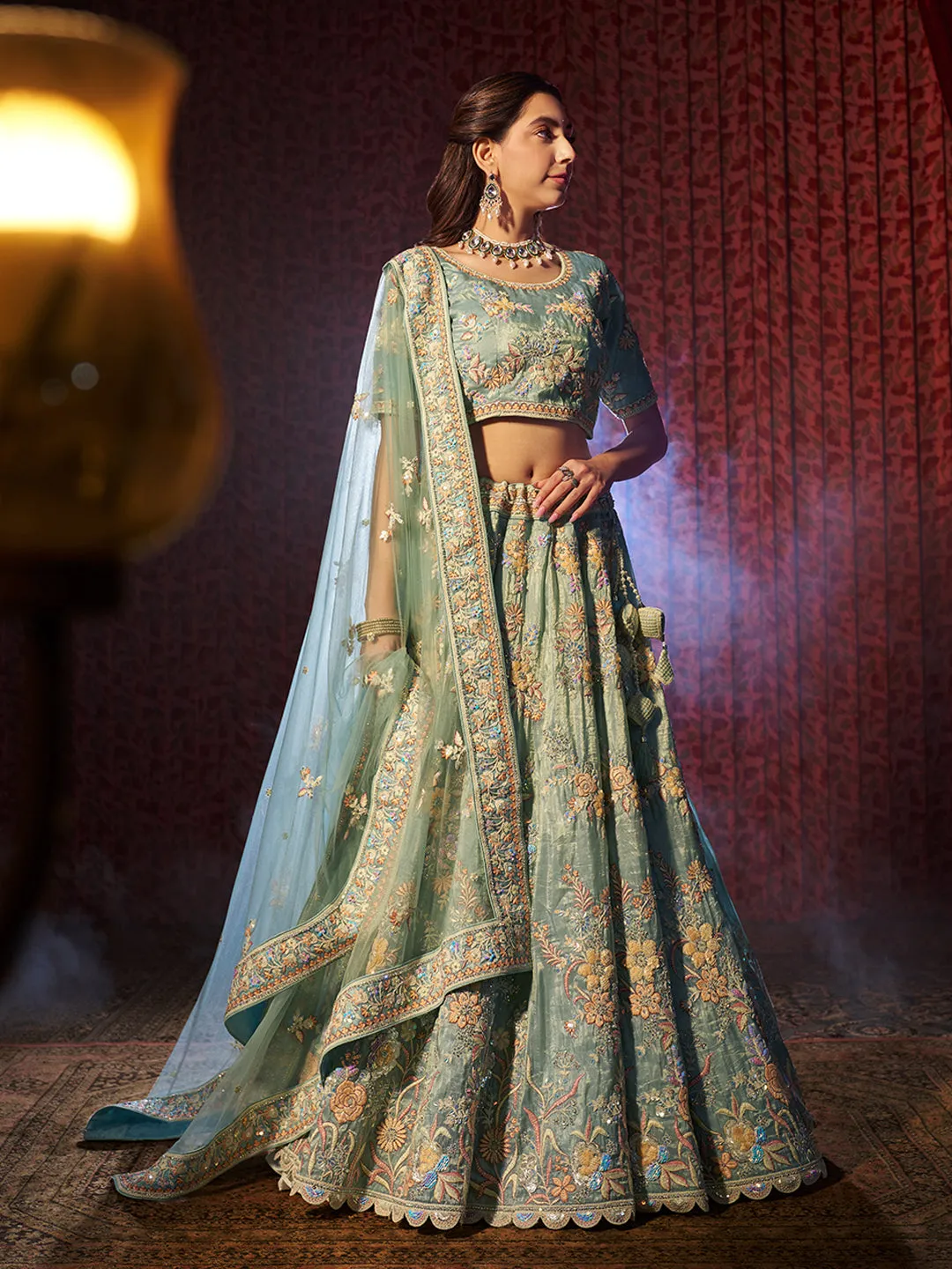 Stunning Turquoise Heavy Embroidered Organza Bridal Lehenga Choli