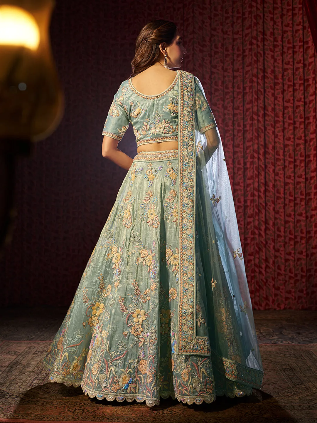 Stunning Turquoise Heavy Embroidered Organza Bridal Lehenga Choli