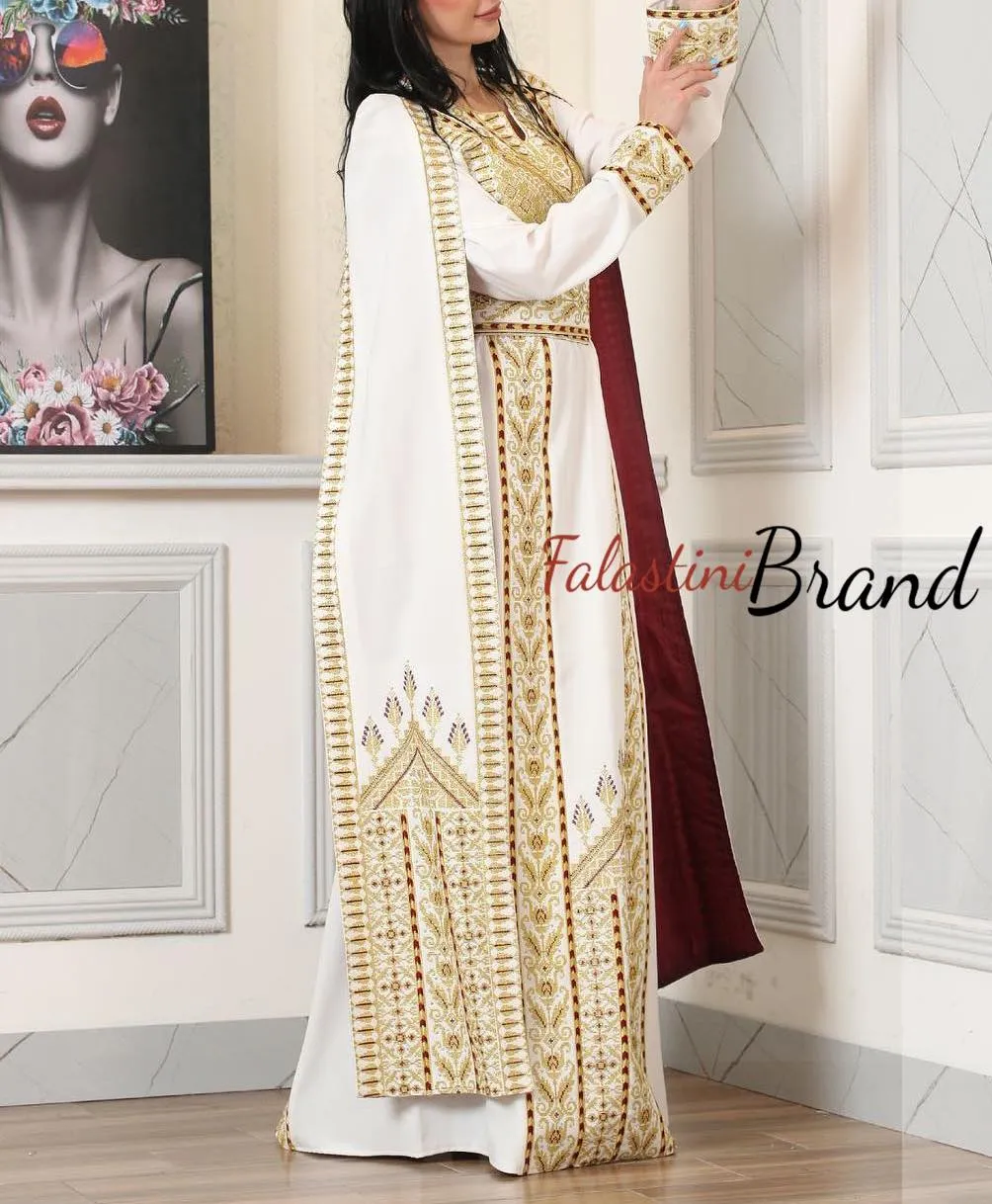 Stunning White And Gold Royal Sleeve Palestinian Embroidered Dress