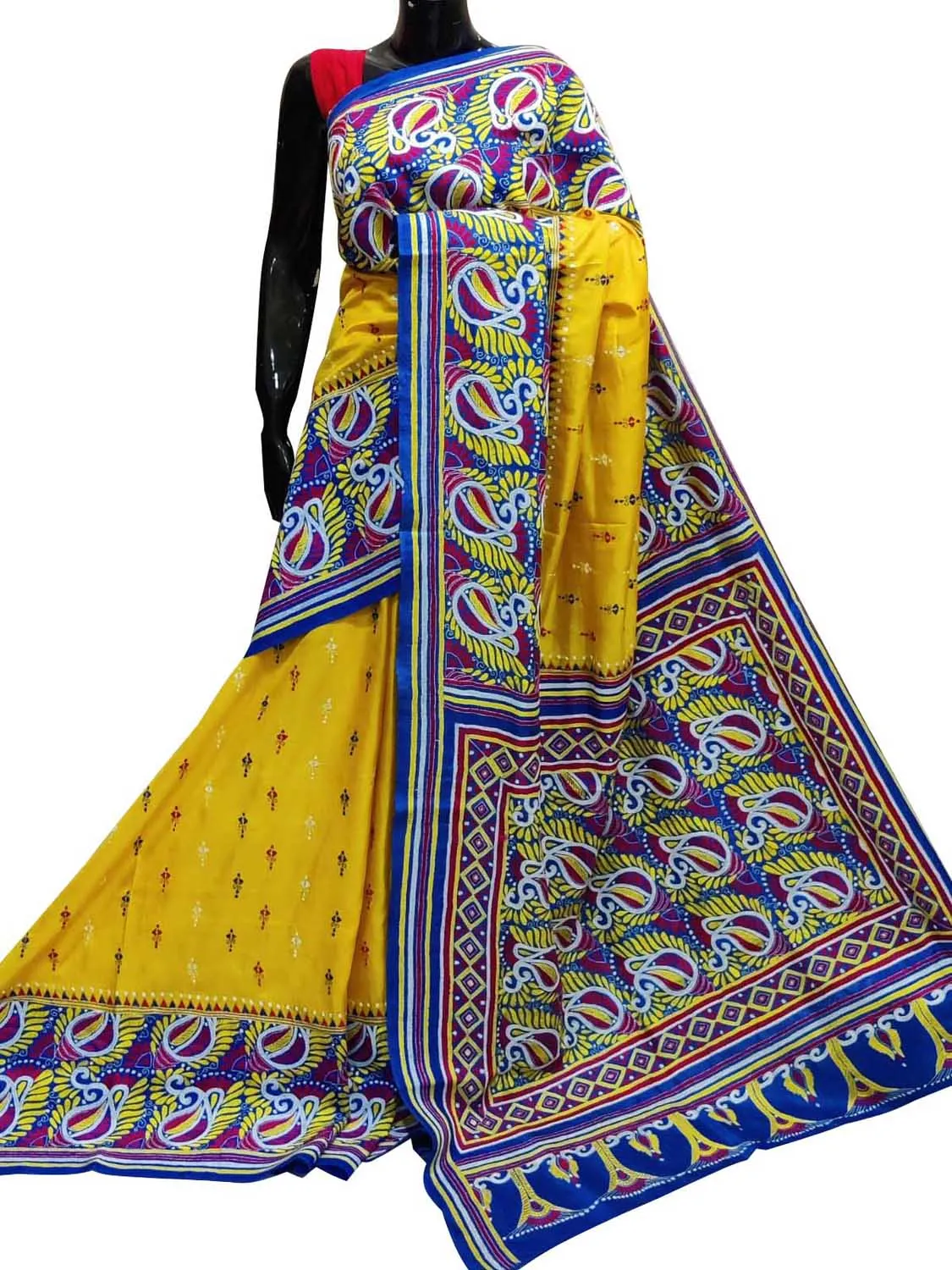 Stunning Yellow Kantha Embroidered Bangalore Silk Saree