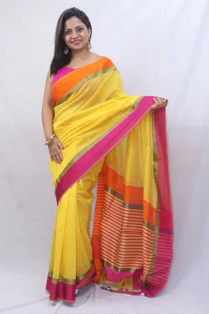 Stunning Yellow Maheshwari Silk Cotton Saree - Handloom Woven Beauty