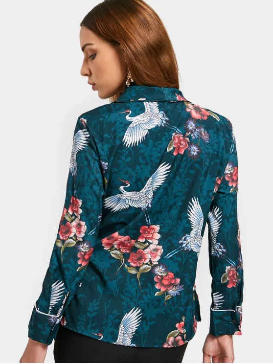 TastyHottie - Stunning Floral Crane Print Wrap Blouse