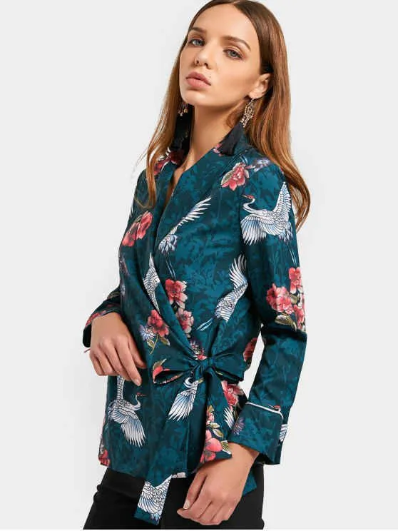 TastyHottie - Stunning Floral Crane Print Wrap Blouse