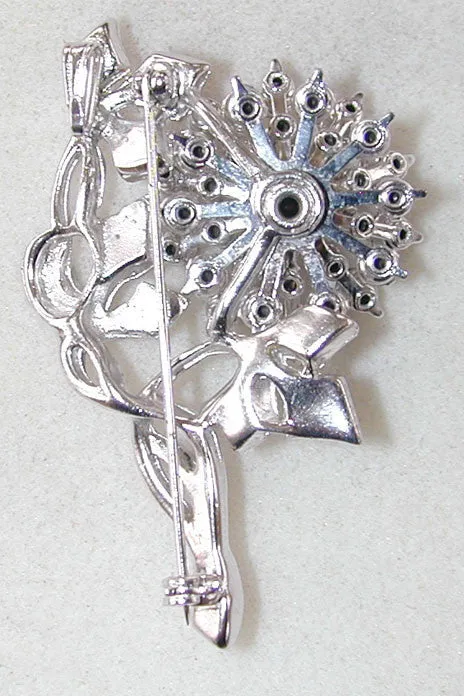 Unsigned Clear Rhinestone Floral Brooch/Pin/Pendant