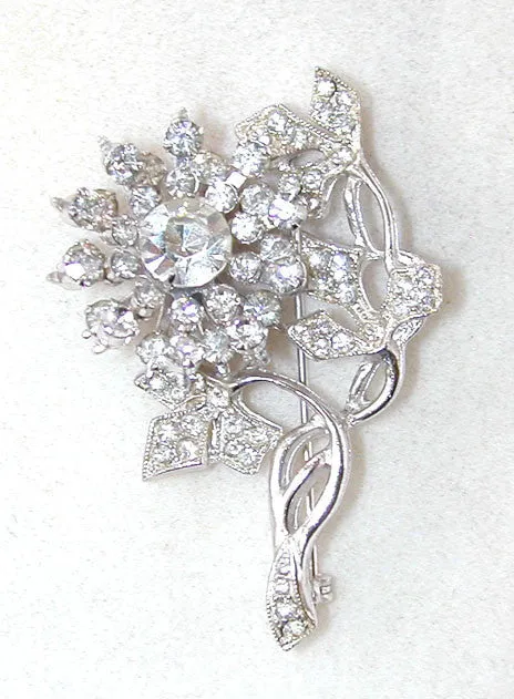 Unsigned Clear Rhinestone Floral Brooch/Pin/Pendant