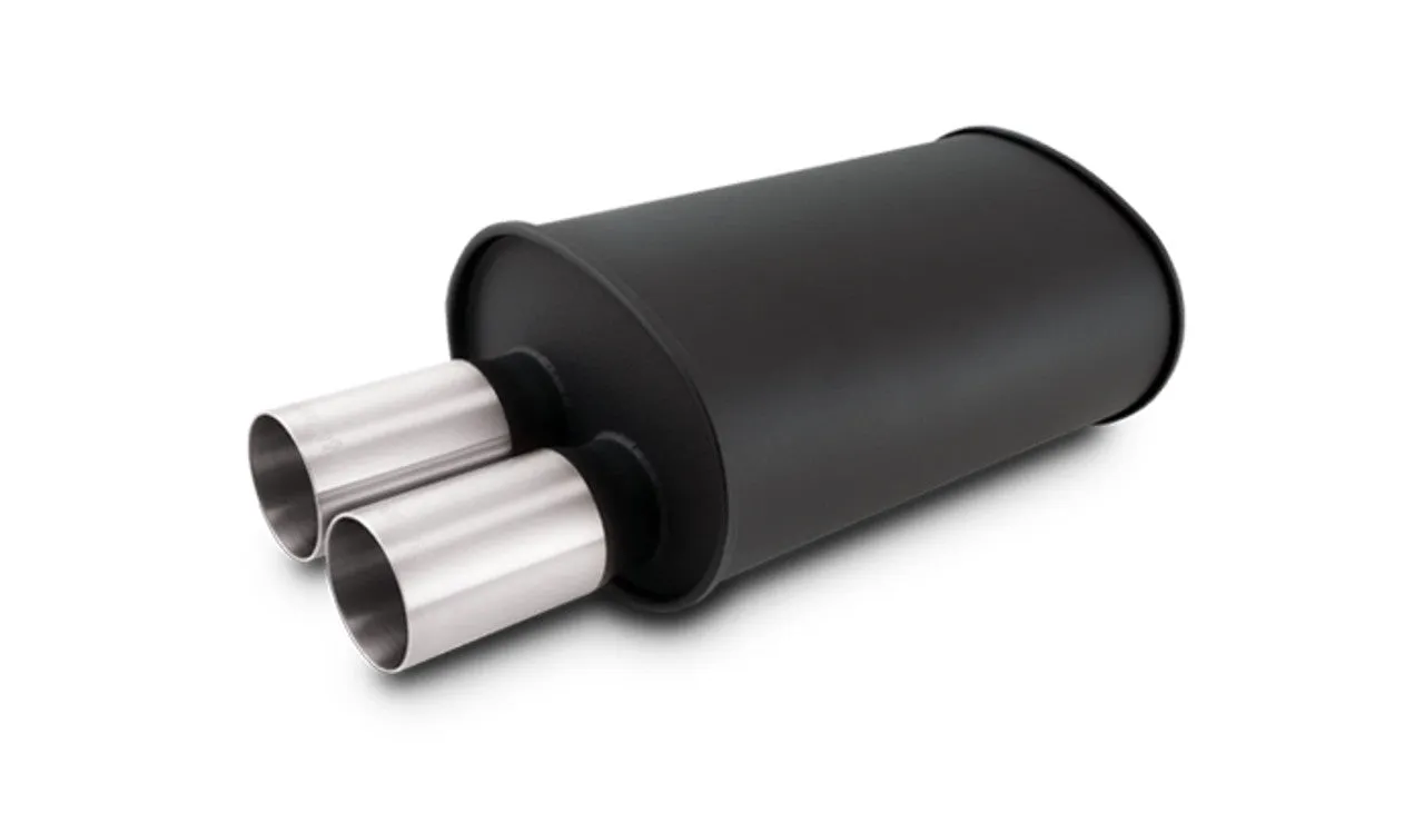 Vibrant STREETPOWER FLAT BLACK Oval Muffler with Dual 304SS Brushed Tips; Inlet ID: 2.50" (63.5mm) Tip OD: 3.00" (76.2mm); Muffler Body Size: 9.5"W x 6.75"H x 15"L; Tip Location: Offset Bottom  - 12325