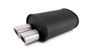 Vibrant STREETPOWER FLAT BLACK Oval Muffler with Dual 304SS Brushed Tips; Inlet ID: 3.00" (76.2mm) Tip OD: 3.00" (76.2mm); Muffler Body Size: 9.5"W x 6.75"H x 15"L; Tip Location: Offset Bottom  - 12316