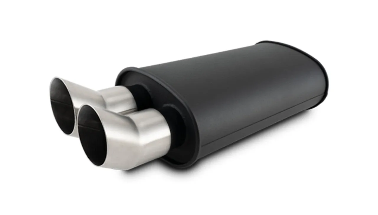 Vibrant STREETPOWER FLAT BLACK Oval Muffler with Dual 304SS Brushed Tips; Inlet ID: 3.00" (76.2mm) Tip OD: 3.00" (76.2mm); Muffler Body Size: 9"W x 5"H x 15"L; Tip Location: Center of End Cap  - 12331