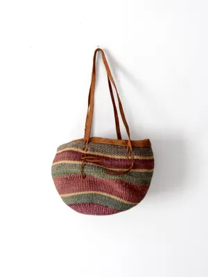 vintage sisal shoulder bag with leather closure