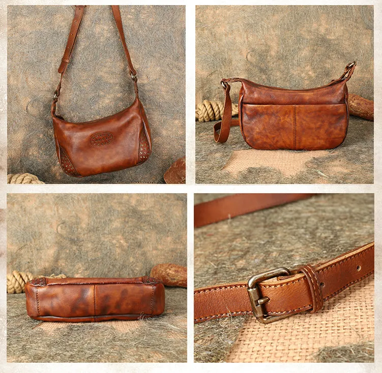 Womens Leather Hobo Crossbody Brown Shoulder Bag With Rivets