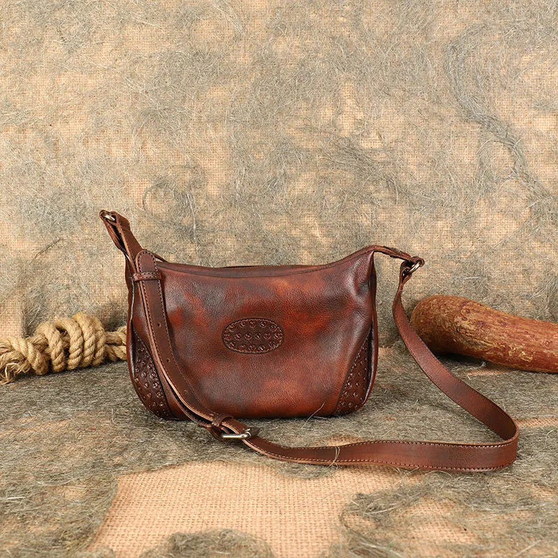 Womens Leather Hobo Crossbody Brown Shoulder Bag With Rivets