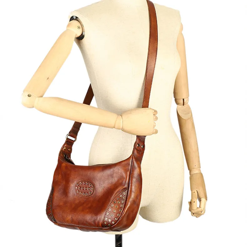 Womens Leather Hobo Crossbody Brown Shoulder Bag With Rivets