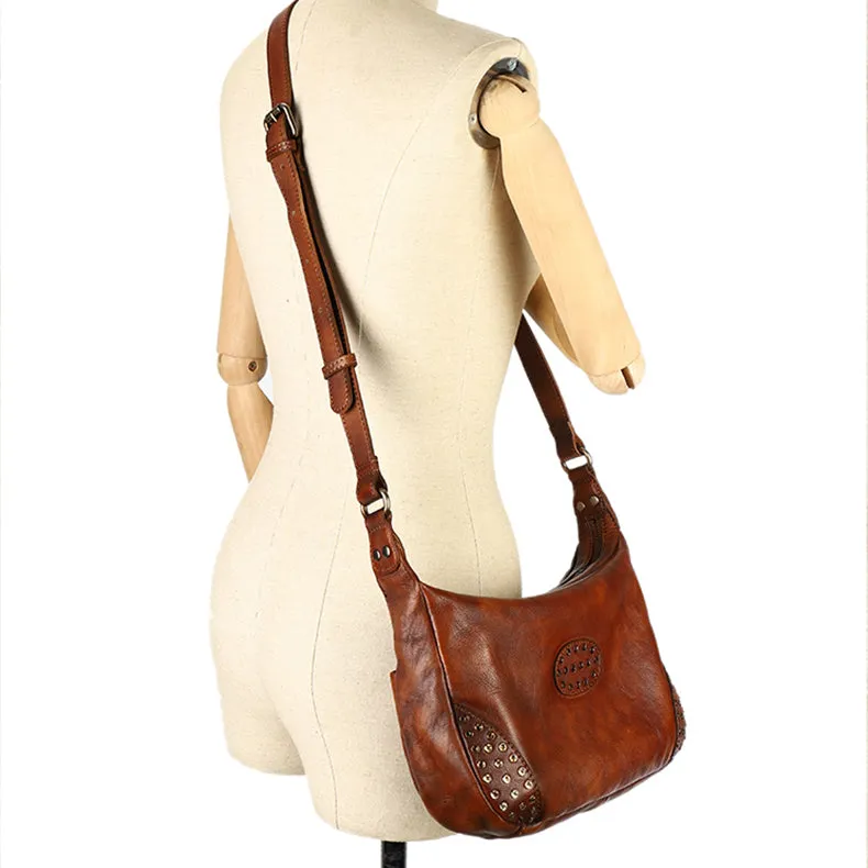 Womens Leather Hobo Crossbody Brown Shoulder Bag With Rivets