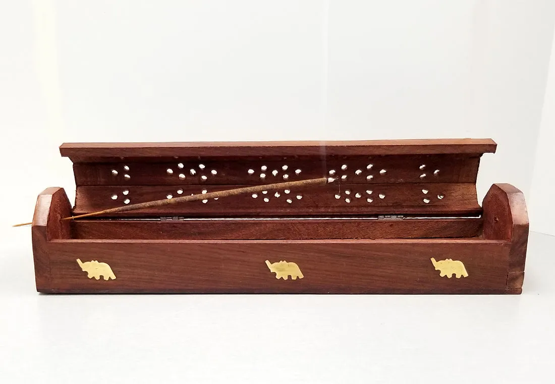 Wood Incense Coffin Box - Inlay Brass Elephants