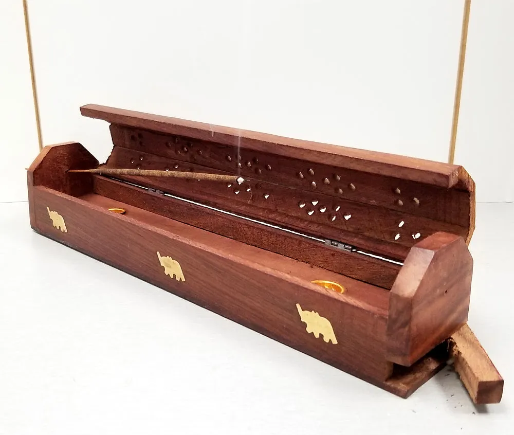 Wood Incense Coffin Box - Inlay Brass Elephants