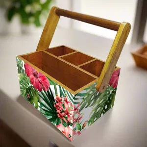 Wooden Tissue and Cutlery Holder for kitchen Organizer With Handle - Hibiscus