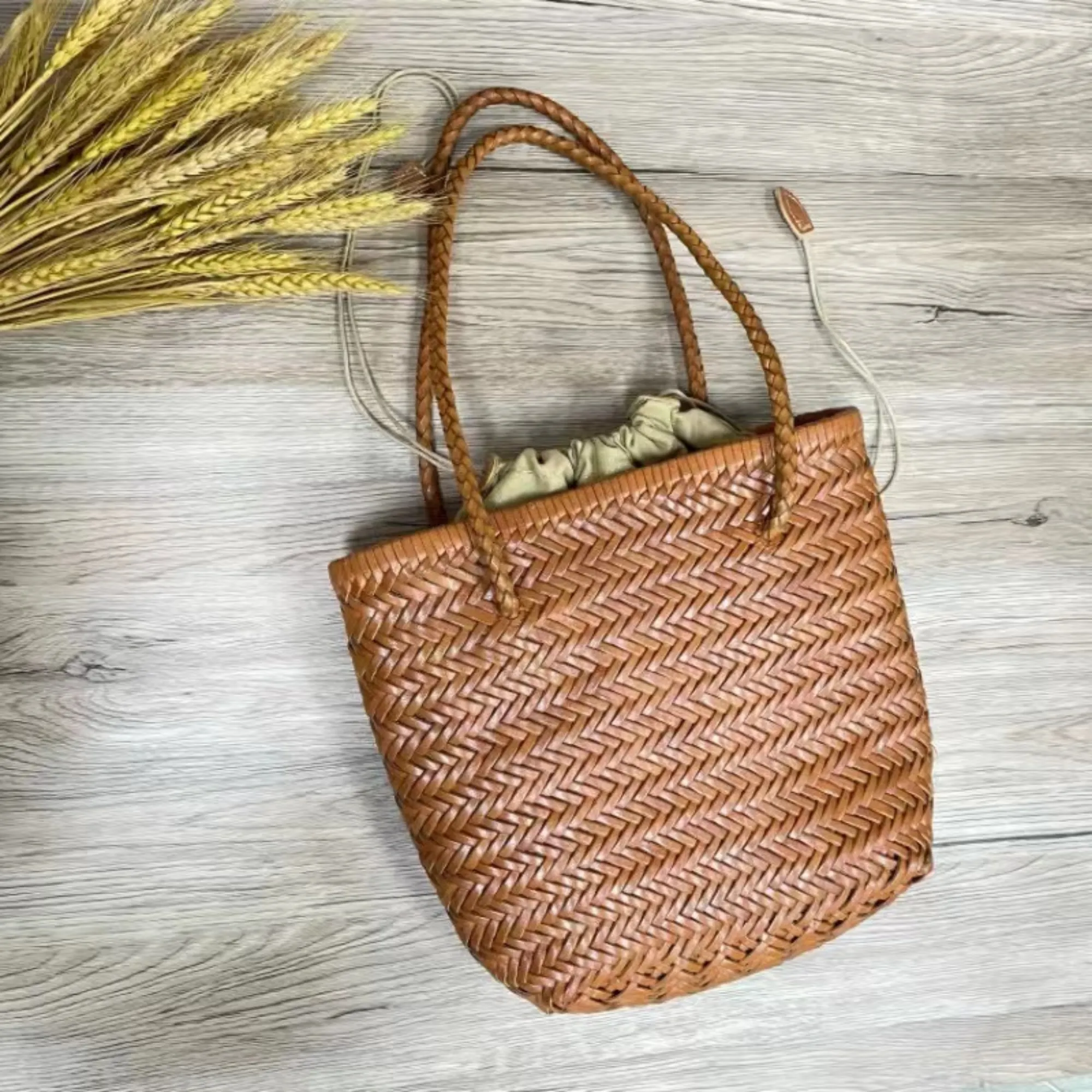 Woven Bucket Bag in Leather