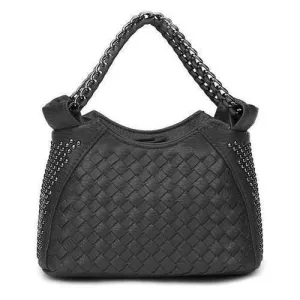 Woven Chain Trimmed Rivet Shoulder Bag - Black