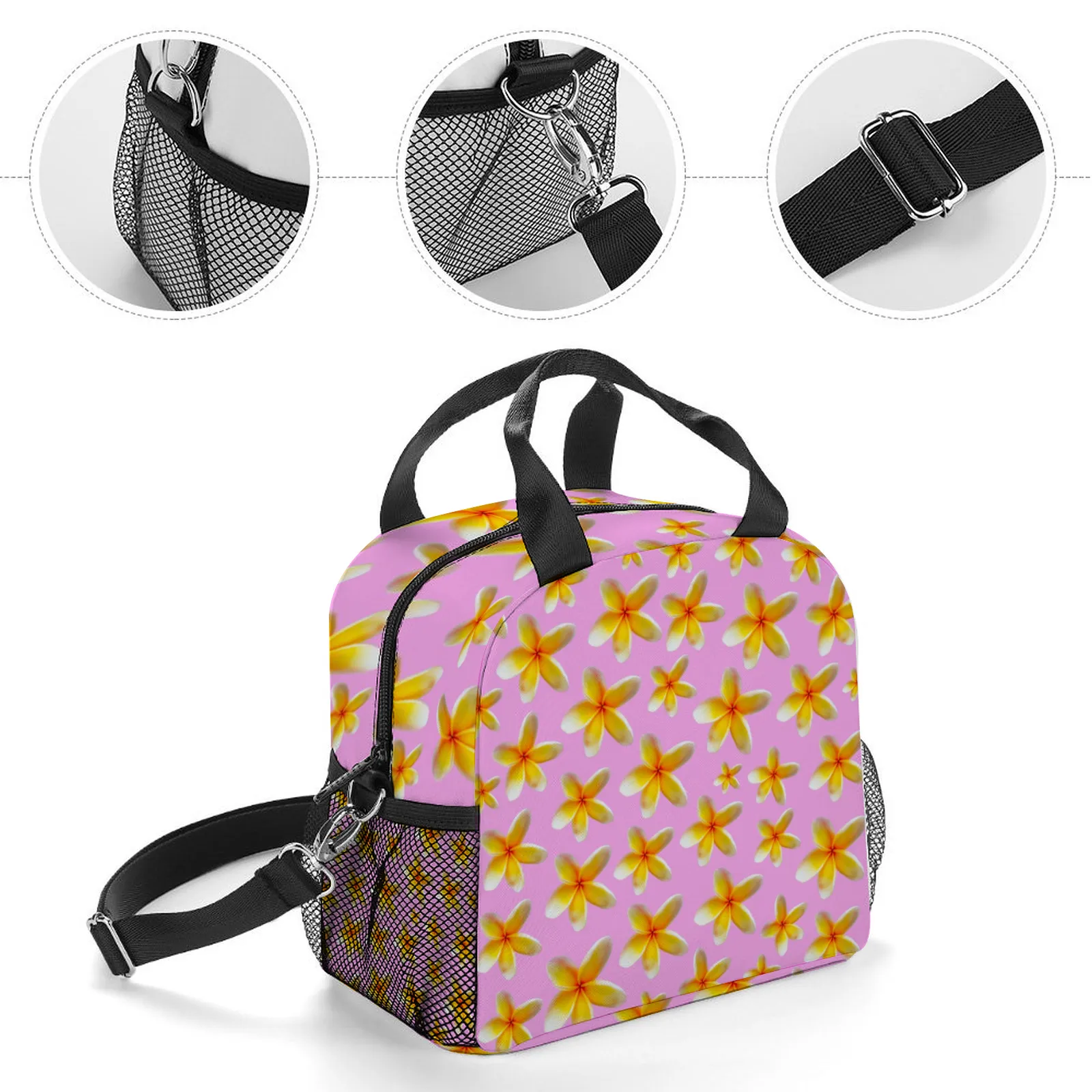 Yellow Frangipanis Pink Insulated Lunch Bag with Handles & Shoulder Strap